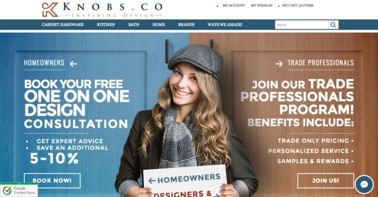Page d'accueil Knobs Co dirige les clients B2B vers une page d'information dédiée