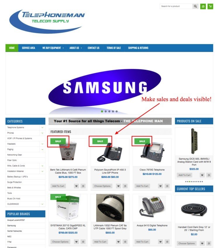 Page d'accueil de site e-commerce B2B de Telephone Man Telecom Supply