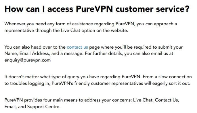 Options de service client PureVPN