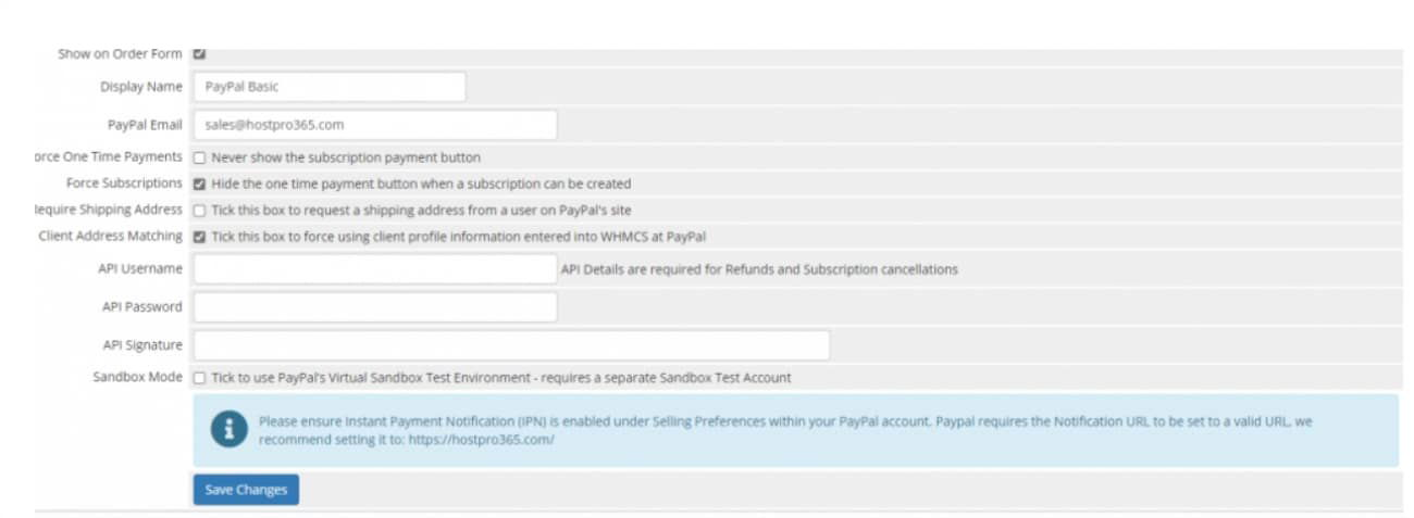 Options supplémentaires dans la configuration de PayPal dans WHMCS