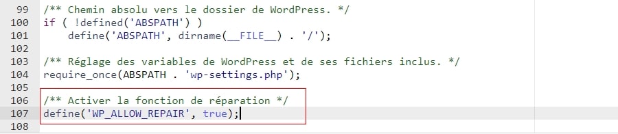 Activer la fonction de réparation