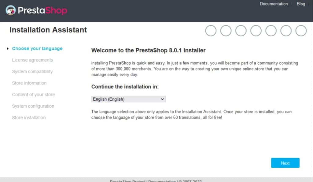 Première étape : assistant d'installation de PrestaShop