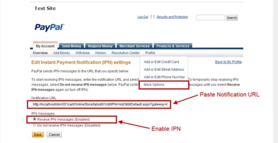 Configuration de l'URL d'IPN dans PayPal