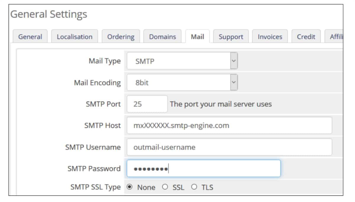 Remplir les information SMTP dans WHMCS