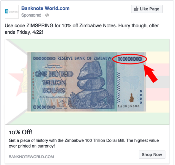 PublicitéMonnaie Zimbabwe Facebook
